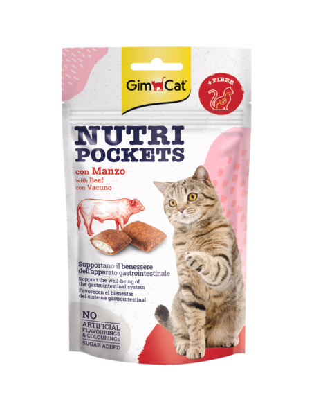 GimCat Nutri Pockets Manzo e Malto 60g – Snack Croccanti per Gatti Supporto Digestivo