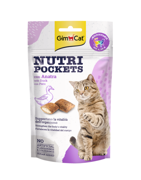 GimCat Nutri Pockets Anatra 60g – Snack Croccanti per Gatti con Vitamine e Taurina