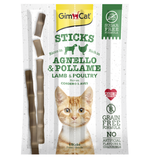 GimCat Sticks Snack per Gatti 4pz – Pollame, Agnello o Tacchino & Coniglio | Ricchi di Carne