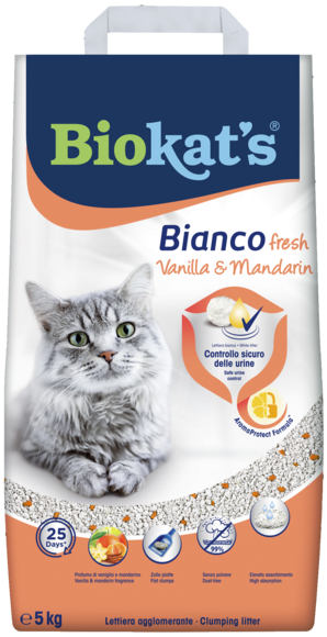 Biokat’s Bianco Fresh Vanilla & Mandarin Lettiera Agglomerante in Argilla Bianca – Controllo Odori e Alta Assorbenza