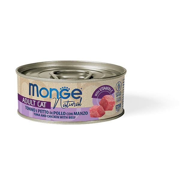 Monge Natural Tonno e Petto di Pollo con Manzo – Cibo Umido per Gatti Adulti 80 Gr.