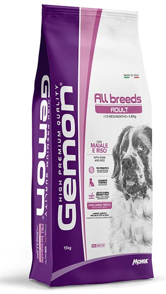 Gemon All Breeds Adult Maiale e Riso – Crocchette per Cani Adulti di Tutte le Taglie 15 Kg- 3 Kg