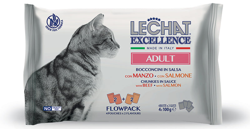 LeChat Excellence Multipack Bocconcini per Gatti Adulti – 4x100g Manzo e Salmone