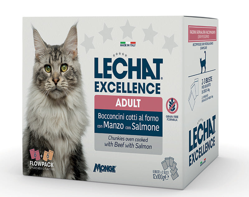 LeChat Excellence Multipack Bocconcini per Gatti Adulti – 12x100g Manzo e Salmone