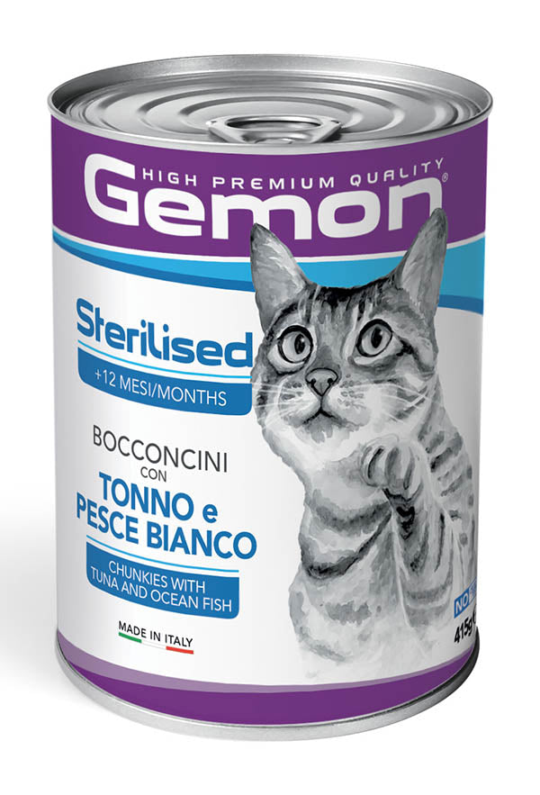 Gemon Sterilised Bocconcini con Tonno e Pesce Bianco – Alimento Completo Gatti Sterilizzati 415g