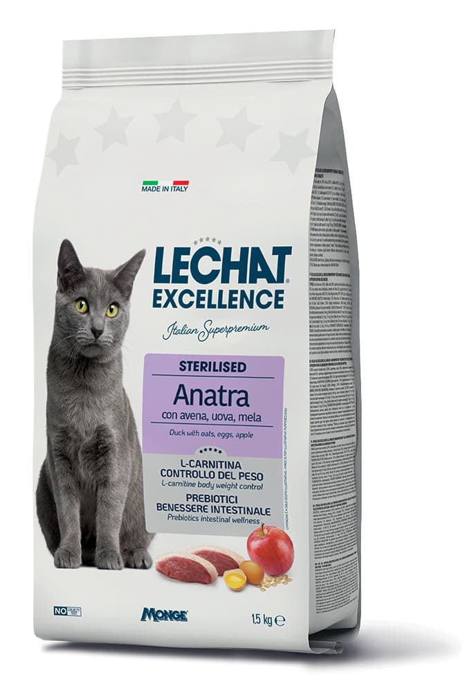 Le Chat Excellence Gatti Sterilizzati Anatra con Avena, Uova e Mela – Alimento Completo per Gatti Adulti Sterilizzati