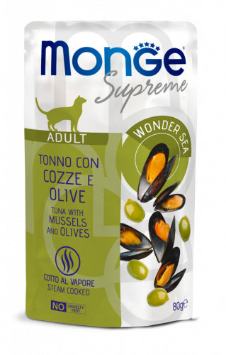 Monge Supreme Gatto Adulto Tonno con Cozze e Olive– Pezzetti in Salsa