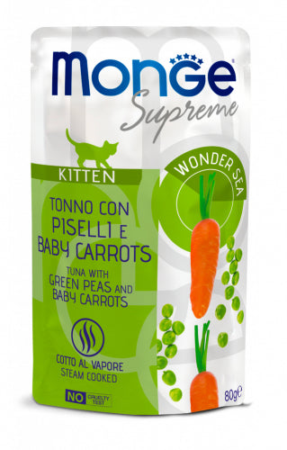 Monge Supreme Kitten Tonno con Piselli e Baby Carrots – Bocconcini per Gattini in Crescita