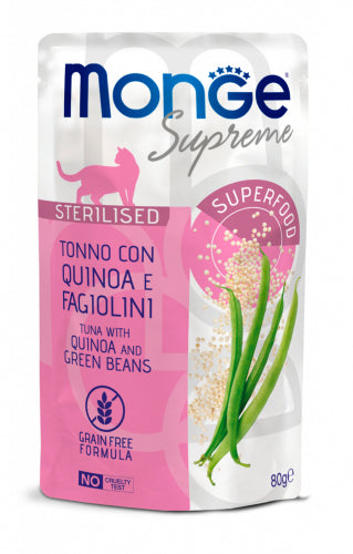 Monge Supreme Gatto Sterilizzato Tonno con Quinoa e Fagiolini – Pezzetti in Salsa