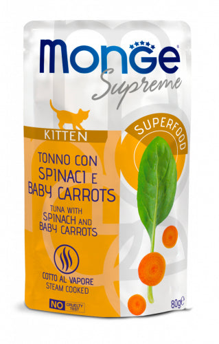 Monge Supreme Kitten Tonno con Spinaci e Baby Carrots – Bocconcini per Gattini in Crescita