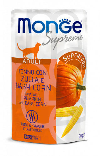 Monge Supreme Gatto Adulto Tonno con Zucca e Baby Corn – Pezzetti in Salsa