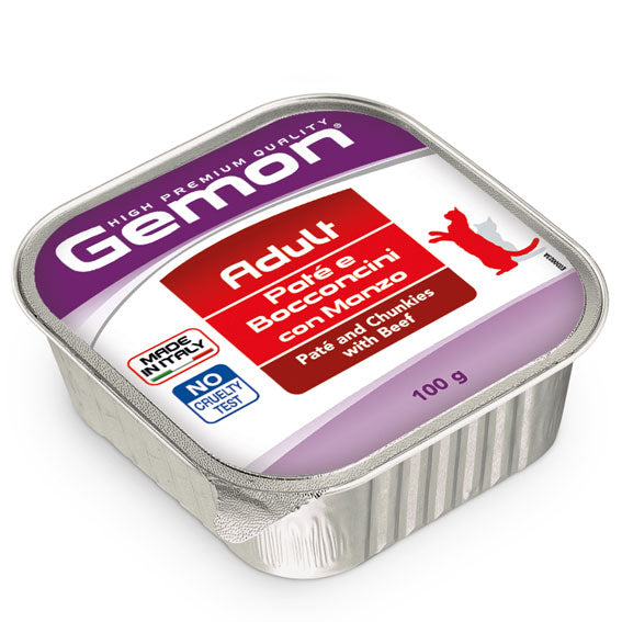 Gemon Paté e Bocconcini con Manzo – Alimento Completo Gatti Adulti 100g