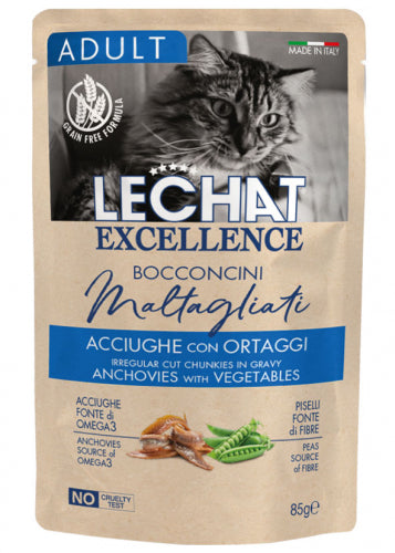 LeChat Excellence Bocconcini Acciughe con Ortaggi – Cibo Umido per Gatti Adulti 85g