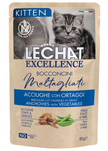 LeChat Excellence Kitten Bocconcini Acciughe con Ortaggi – Cibo Umido per Gattini 85g