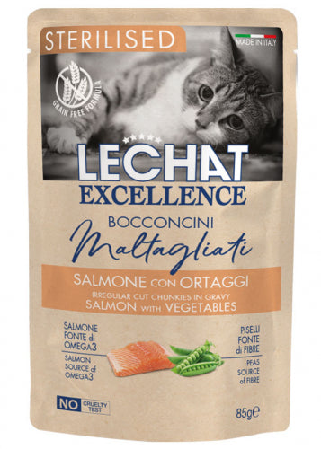 LeChat Excellence Sterilised Bocconcini Salmone con Ortaggi – Cibo Umido Gatti Sterilizzati 85g