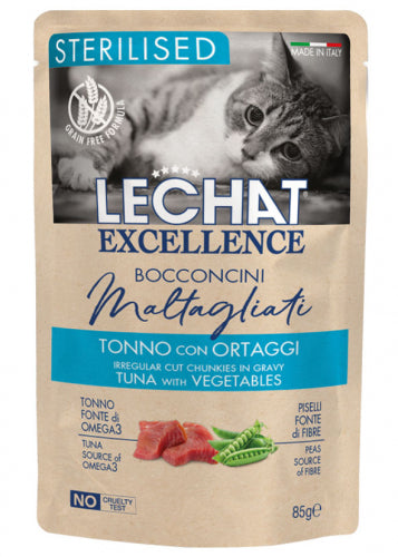 LeChat Excellence Sterilised Bocconcini Tonno con Ortaggi – Cibo Umido Gatti Sterilizzati 85g