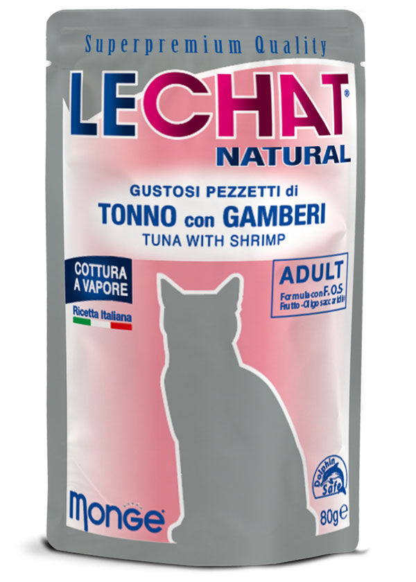 LeChat Natural Pezzetti di Tonno con Gamberi – Alimento Complementare Gatti 80g