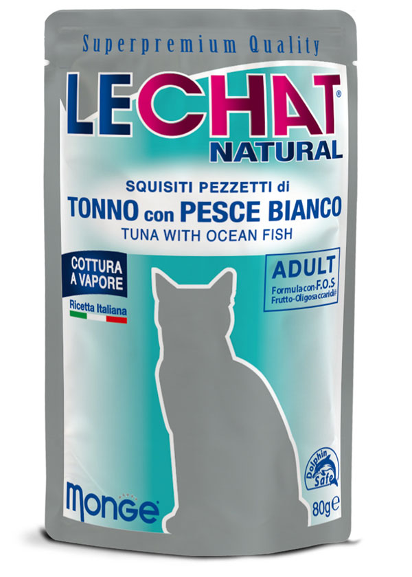 LeChat Natural Pezzetti di Tonno con Pesce Bianco – Alimento Complementare Gatti 80g