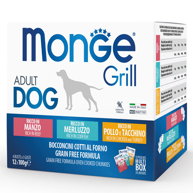 Monge Grill Multipack Buste 12 x 100 g – Pollo e Tacchino, Manzo, Merluzzo