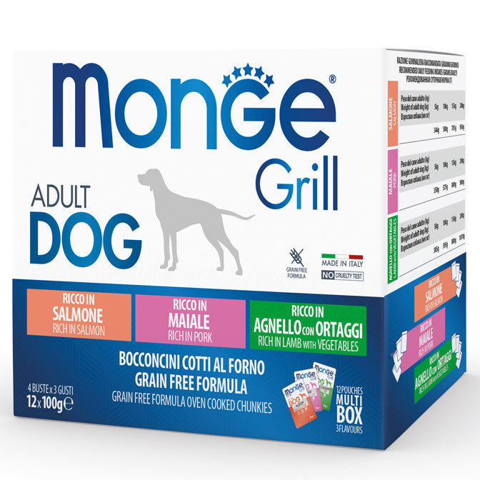 Monge Grill Multipack Buste 12 x 100 g – Agnello con Ortaggi, Maiale, Salmone