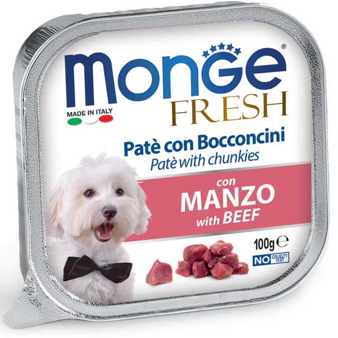 Monge Fresh Paté con Bocconcini al Manzo 100 g – Alimento Completo per Cani