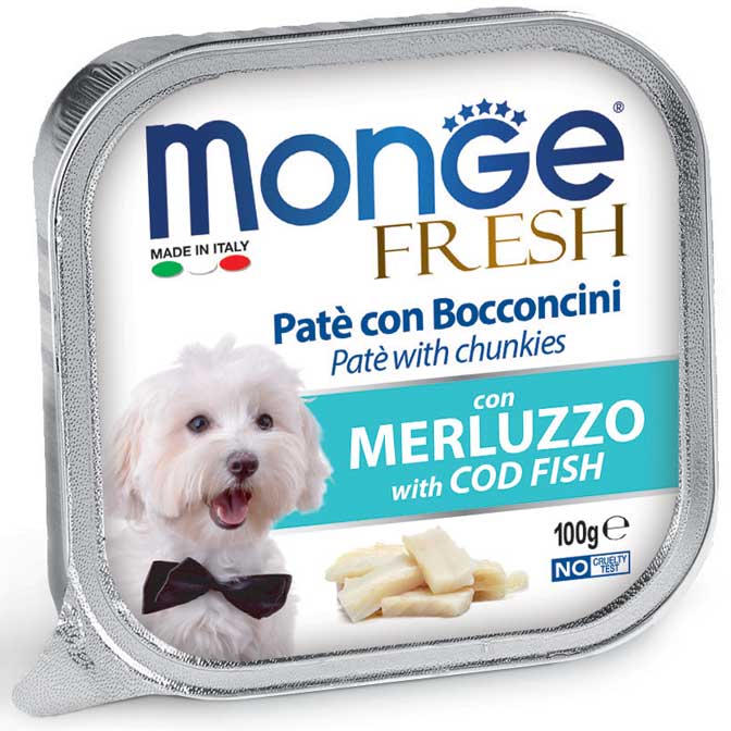 Monge Fresh Paté con Bocconcini al Merluzzo 100 g – Alimento Completo per Cani